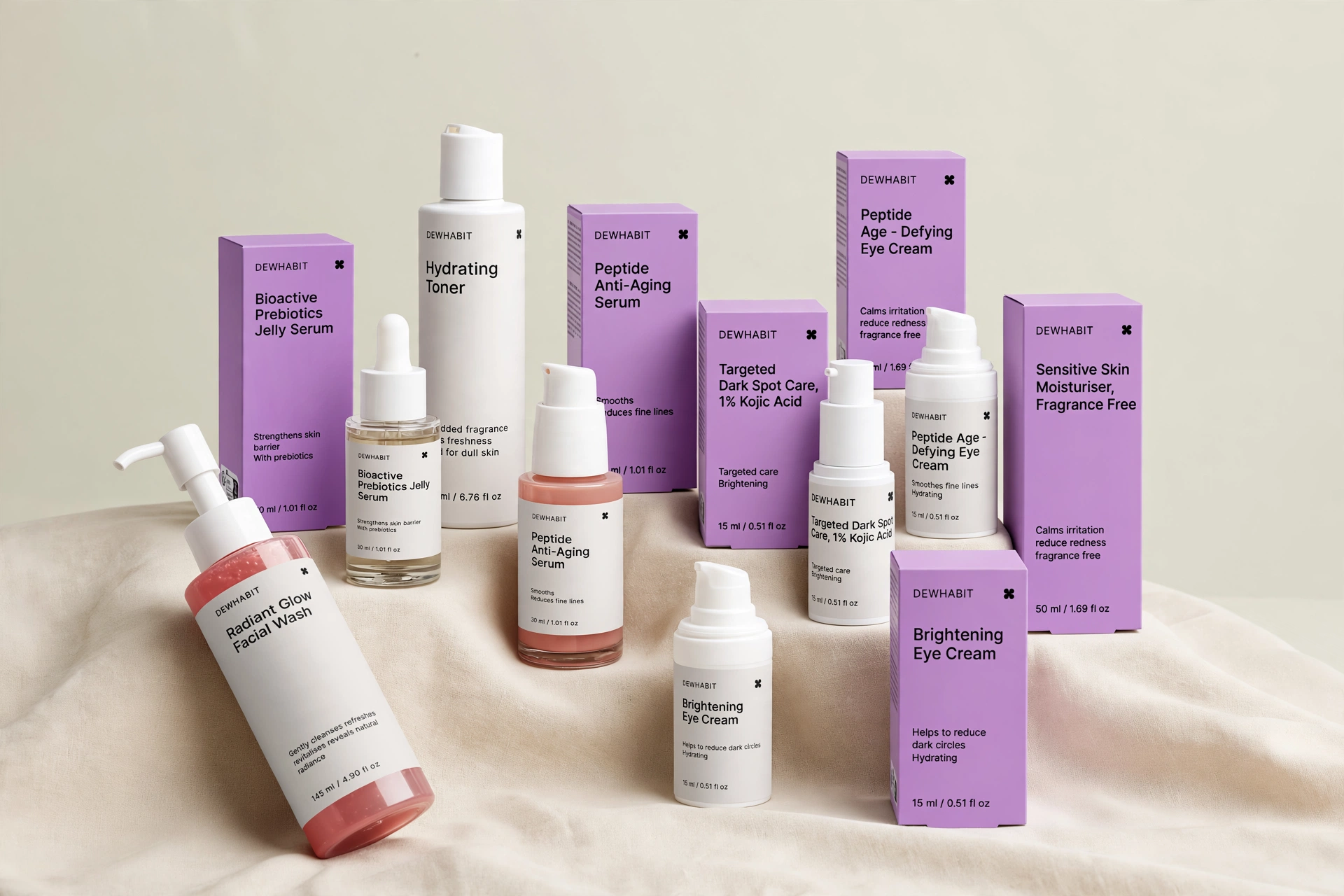 The Dewhabit skincare collection with white bottles and lilac product boxes