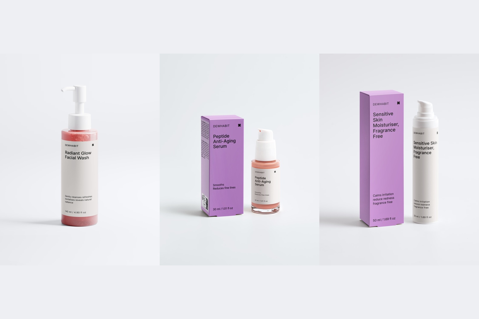 The three Dewhabit routine products: Radiant Glow Facial Wash, Peptide Anti-Aging Serum and Sensitive Skin Moisturiser