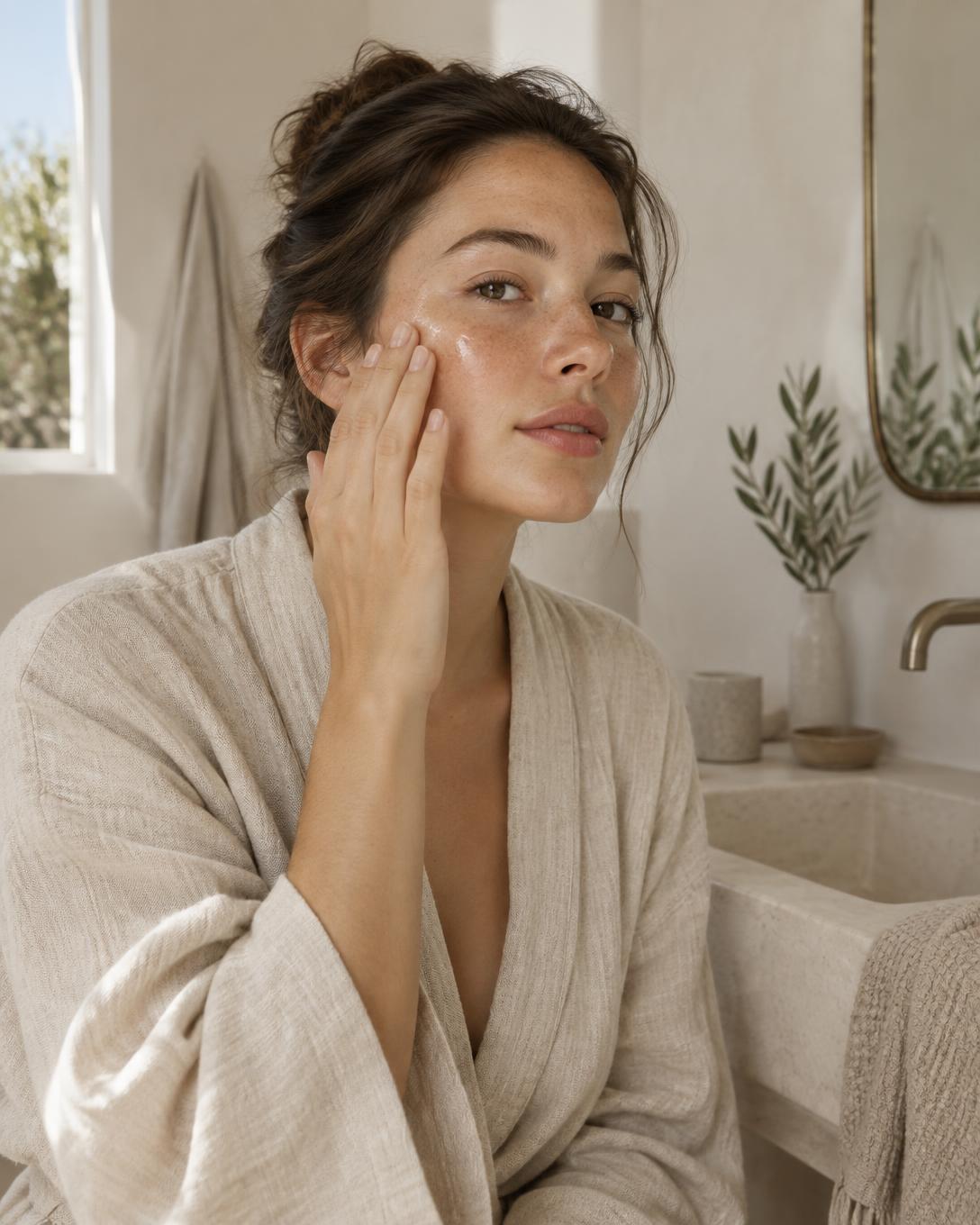 Woman applying serum to her cheek in soft morning light