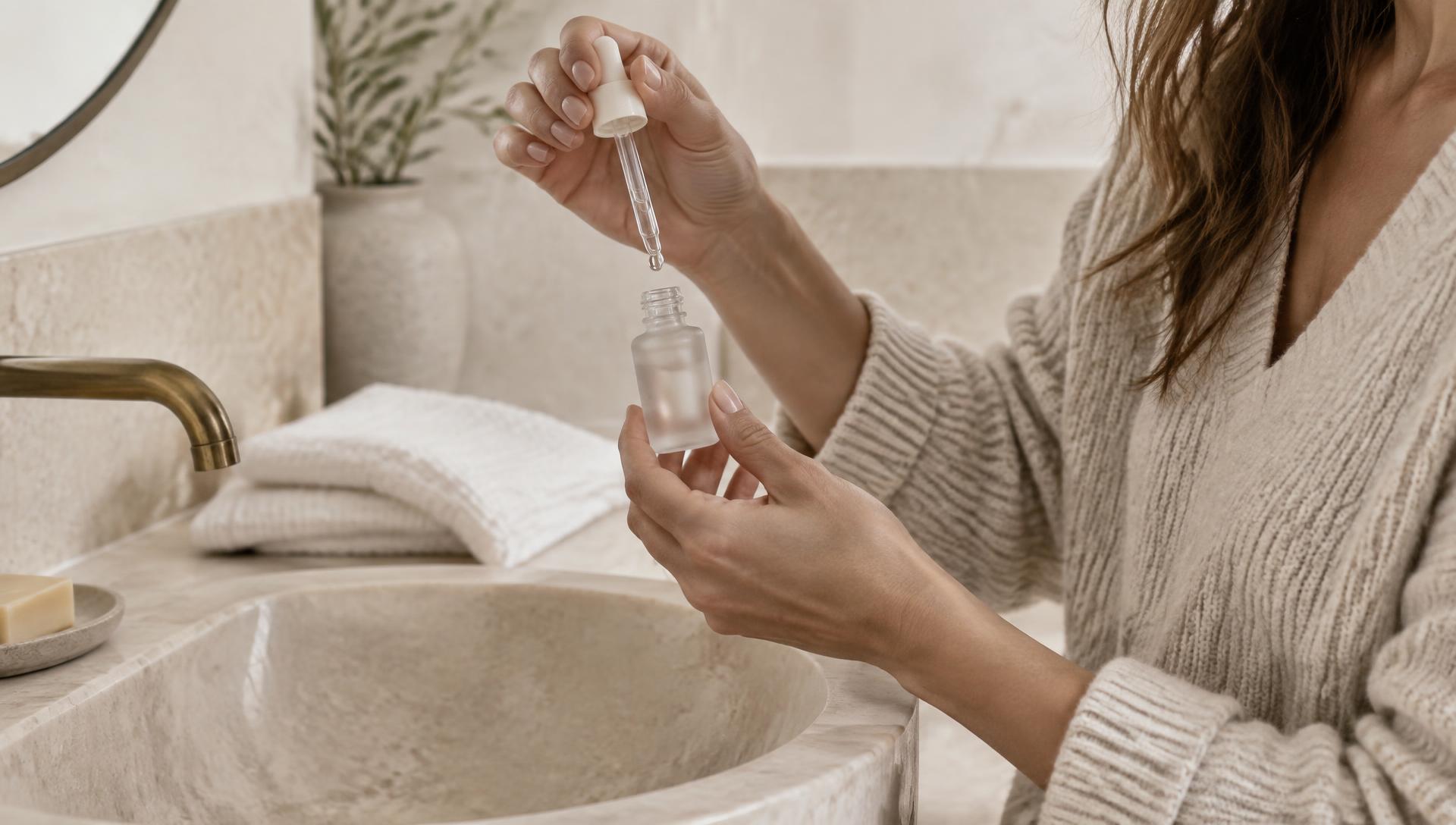Hands using a dropper serum over a stone sink